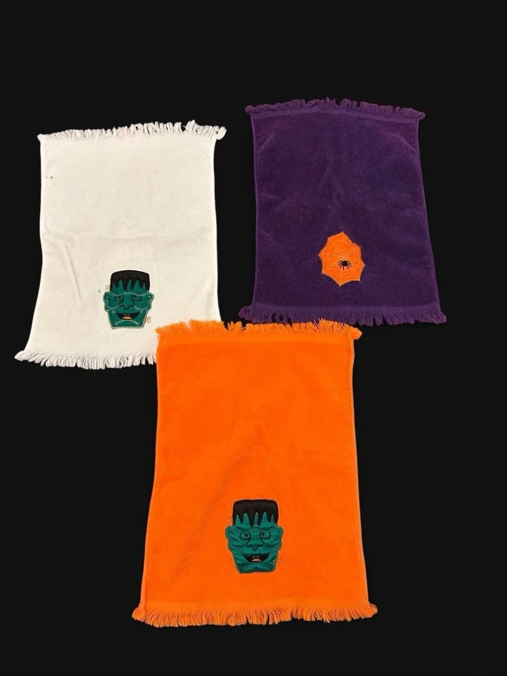 Set of three vintage 1990s decorative Halloween washcloths/dish towels